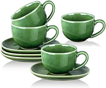 vicrays 6.5 oz Cappuccino Cups with Saucers, Set of 4, Ceramic Coffee Cup for Au Lait, Double shot, Latte, Cafe Mocha, Tea (Green) by VicraysCeramic