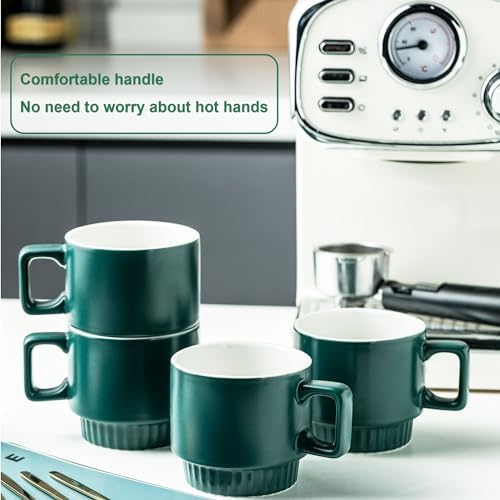 Miamolo Stackable Coffee Mugs Set of 4 with Holder Spoons 11oz Ceramic Cappuccino Cups for Espresso Latte Tea Drinks, Father's Day,Dishwasher & Microwave Safe, Green - Image 5