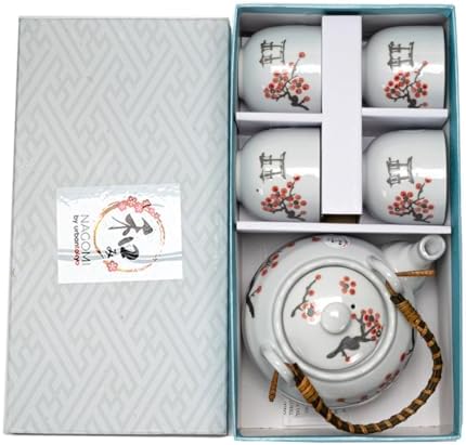 Urban Tokyo Japanese Cherry Blossom Torii Gate Design Tea Set, 22 oz Ceramic Teapot with 4 Cups, White with Bamboo Handle - Image 7