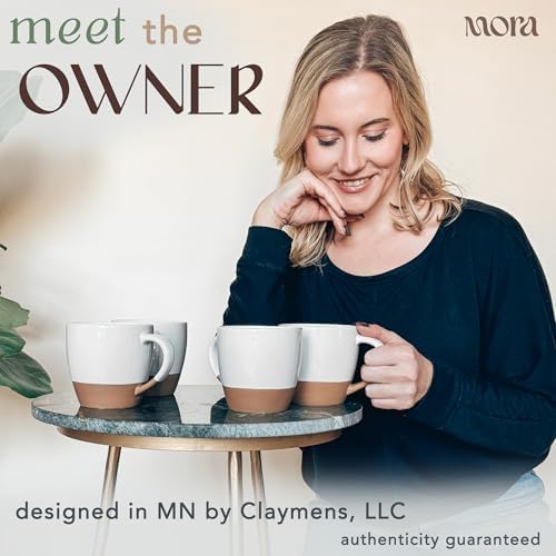 MORA Ceramic Large Latte Mug Set of 4, 16oz - Microwavable, Porcelain Coffee Cups With Big Handle - Modern, Boho, Unique Style For Any Kitchen. Microwave Safe Stoneware - Vanilla White - Image 3