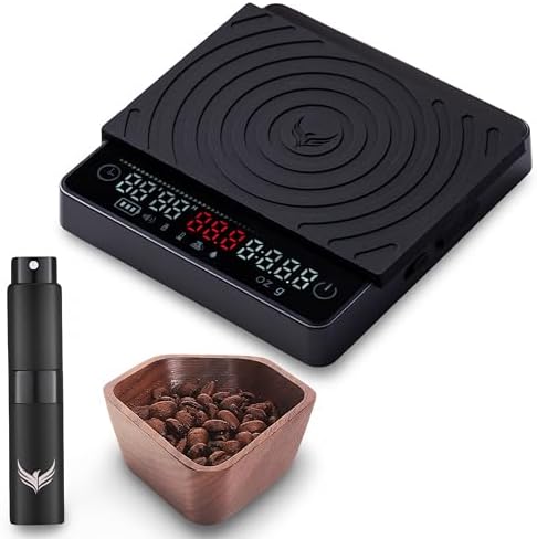 Coffee Scale with Timer & Walnut Dosing Cup Set – Espresso Brewing Scale, Plus a Single Dose Coffee Bean Dosing Cup & RDT Spray Bottle for Static-Free Grinding by KNODOS