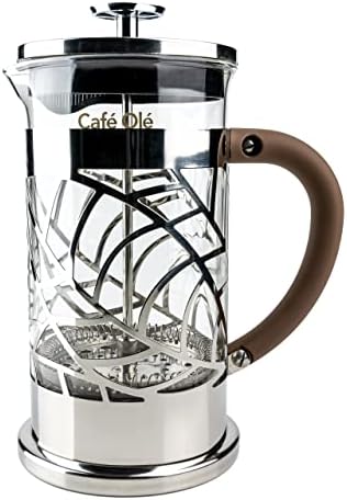 Cafe Ole Floral Cafetière, 8-Cup (1 Litre) French Press Filter Coffee Maker for Three/Four, 18/10 Stainless Steel, silver, BM-10C by Caf%C3%A9+Ol%C3%A9