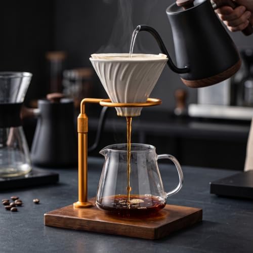 Support Stand Coffee Dripper Holder Pour Over Rack Manual Station With Wooden Base And Aluminum Support Mug Positioning Suitable for hand home service cafe counters , Gold - Image 3