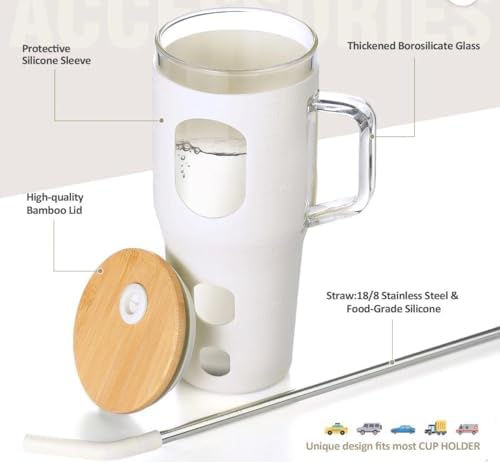 32oz Glass Tumbler with Handle and Straw, Bamboo Lid, Silicone Sleeve, Reusable Iced Coffee Cup for Travel, Home, Office (White) - Image 3