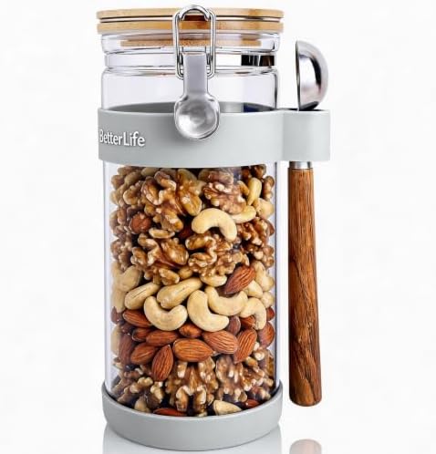 KKC Nut Storage Container Airtight Glass Jar 1500ml 50 oz - Airtight Pantry Storage Canister with Bamboo Lid, Silicone Protective Sleeve & 1 TBSP Long Wooden Handle Spoon for Walnut Almond Pecan by KKCHOMEACCENTSGmbH