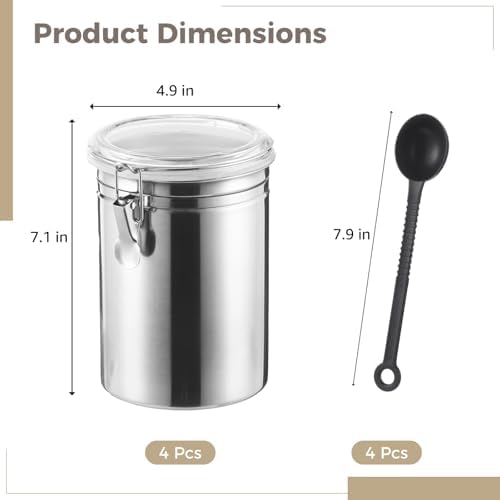 4 Pcs Stainless Steel Canister Set with Spoons, Airtight Food Storage Containers with Clear Lids and Lock Buckles, 4.9 x 7.1 in for Coffee Beans, Sugar, Tea, Grains, Flour, Snacks - Image 4