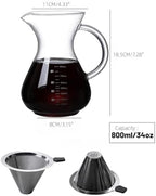 34oz Pour Over Coffee Maker with Stainless Steel Filter, Thickened Heat-Resistant Borosilicate Glass Dripper & Carafe, Stovetop Safe Hand Coffee Brewer with Handle for Home, Office, Camping (34oz) - Image 3