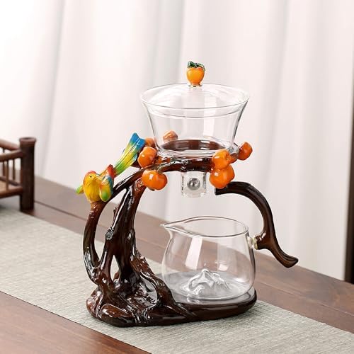 Zurucily Glass Kungfu Teapot Set Tea maker with Infuser Semi Automatic Tea Set (Bird-orange) - Image 2