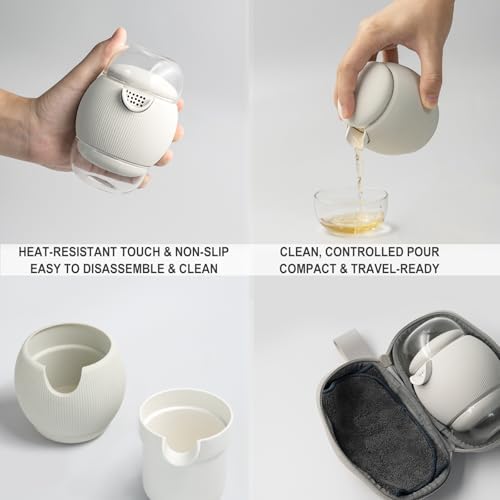 All-in-One Portable Travel Tea Kit, Ceramic Teapot with Removable Infuser, 2 High Borosilicate Glass Tea Cups, Non-Slip Silicone Sleeve & PU Leather Carry Pouch for Camping, Hiking, Office - Image 5