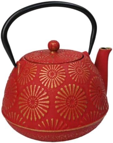 Ebros Gift Traditional Oriental Tetsubin Red Kiku Chrysanthemum Design 40oz Cast Iron Teapot With Enameled Interior And Strainer Asian Japanese Chinese Fusion Housewarming Tea Pot Accent - Image 6