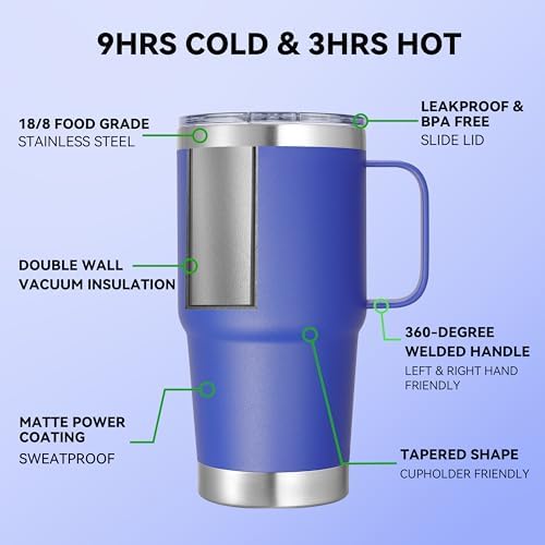 20 oz Stainless Steel Tumbler with Handle Bulk Metal Insulated Tumblers Travel Coffee Mug with Handle Double Wall Tumbler Cup with Lid and Straw, Blue 6 Pack - Image 3