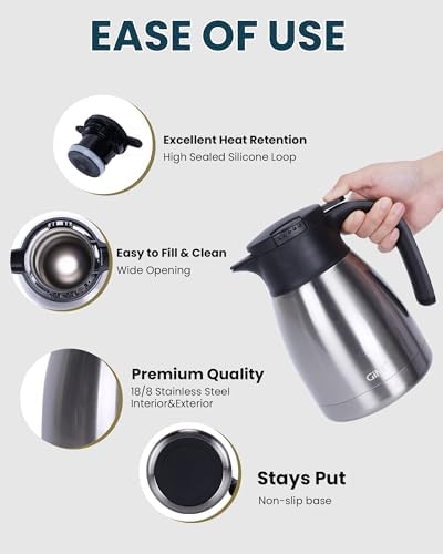 GiNT 34Oz Thermal Coffee Carafe, Insulated Stainless Steel Coffee Carafes for Keeping Hot/Double Walled Vacuum Coffee Carafe (Silver, 1L) - Image 2