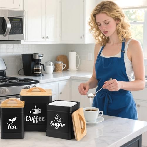 Maxdot 3 Set Coffee Tea Sugar Containers Kitchen Canisters, Black - Image 5