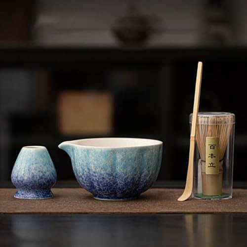 Matcha Whisk Set, Matcha Bowl with Spout(17oz), Matcha Whisk and Holder, Bamboo Matcha Scoop - 4 Pcs Ceremonial Grade Matcha kit for Matcha Tea Lovers Blue by Unknown