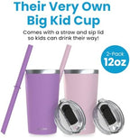 CUPKIN Toddler Tumblers, The Original 12 oz Stackable Stainless Steel Cups, Set of 2 Powder Coated Insulated Kids Water Bottle Alternative & BPA Free Lids + Reusable Silicone Straws (Pink + Purple) - Image 2