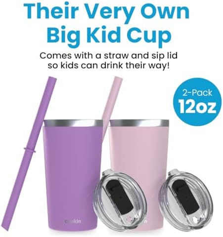 CUPKIN Toddler Tumblers, The Original 12 oz Stackable Stainless Steel Cups, Set of 2 Powder Coated Insulated Kids Water Bottle Alternative & BPA Free Lids + Reusable Silicone Straws (Pink + Purple) - Image 2