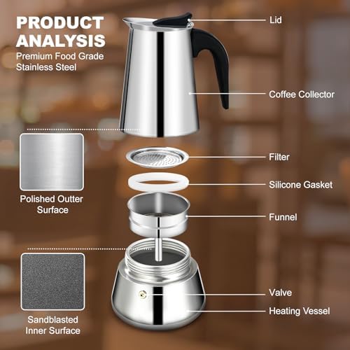 Manual Coffee Grinder Detachable Stainless Steel Conical Burr Aluminum Coffee Bean Grinder Silver with 4 Cup Stovetop Espresso Maker Stainless Steel Moka Pot Stove Top Percolator Italian Coffee - Image 5