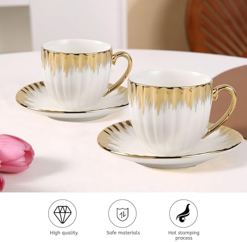 3.5oz Ceramic Turkish Coffee Cup Set of 6, British Italian Cappuccino Cups Porcelain Espresso Cups and Saucers with Gold Trim for Double Espresso Cappuccino Latte Mocha Tea - Image 5