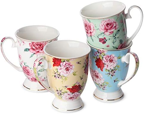 BTaT- Large Coffee Mugs, 12 oz, Set of 4, Floral Mugs for Coffee Cups Set, Porcelain Bone China, Tea Mug, by BrewToATea