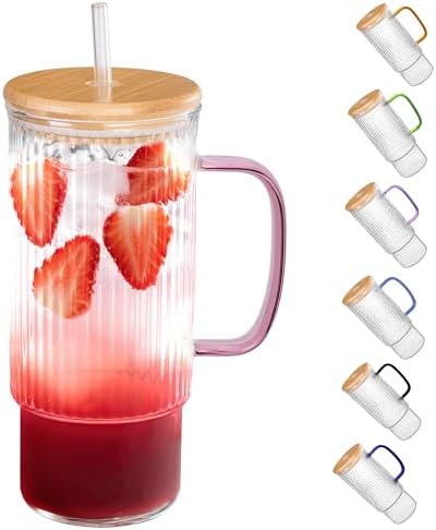 32oz Ribbed Glass Cup with Handle Bamboo Lid and Straw, Glass Tumbler, Iced Coffee Cups Hot/Cold Drinks (Pink Handle) by erichbow