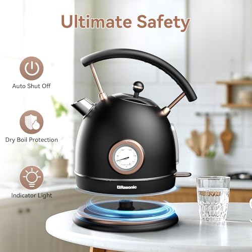 Rasonic Retro Electric Kettle Stainless Steel, 1.8L Tea Water Boiler, 1500W Fast Quiet Boil, Temperature Gauge, Auto Shut-Off, Boil-Dry Protection, Matt Black and Rose Gold - Image 4