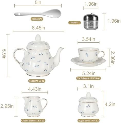 Sweejar 23 Pcs Floral Tea Sets with Metal Holder, Relief Gold Rim Porcelain Tea Sets for Adults, Cup and Saucer Set for 6, with Teapot, Sugar Bowl, Milk Jug, Spoons (Garden) - Image 3