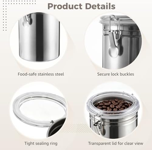 4 Pcs Stainless Steel Canister Set with Spoons, Airtight Food Storage Containers with Clear Lids and Lock Buckles, 4.9 x 7.1 in for Coffee Beans, Sugar, Tea, Grains, Flour, Snacks - Image 3