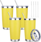 20 oz Tumbler with Lids and Straws, Stainless Steel Insulated Travel Coffee Mug, Double Wall Vacuum Insulated Tumblers, Powder Coated Coffee Tumbler for Cold & Hot Drinks (Yellow, 4 Pack) by YEBTSLife