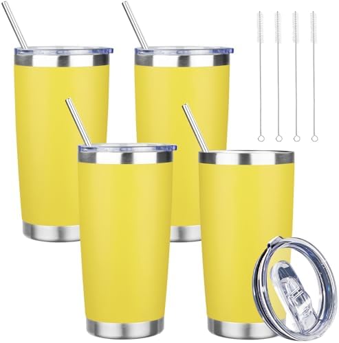 20 oz Tumbler with Lids and Straws, Stainless Steel Insulated Travel Coffee Mug, Double Wall Vacuum Insulated Tumblers, Powder Coated Coffee Tumbler for Cold & Hot Drinks (Yellow, 4 Pack) by YEBTSLife