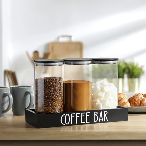 Glass Coffee Canister for Ground Coffee - 3Pcs 45oz Coffee and Sugar Container Set with Airtight Bamboo Lids and Black Tray - Farmhouse Coffee Bean Storage Jars for Coffee Bar Decor and Accessories - Image 6