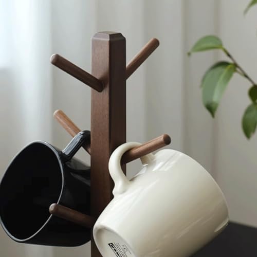 Solid Black Walnut Mug Tree, 6-Hook Wooden Coffee Cup Holder with Drip-Catch Base Non-Slip Feet Vertical Storage Stand Dish Racks - Image 5