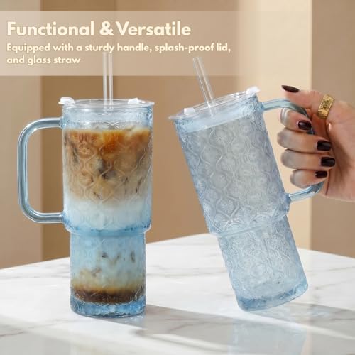 20 oz Blue Glass Tumbler with Lid and Straw, Glass Iced Coffee Cups, Spill-proof Glasses Tumbler with Handle, Hobnail Glasses Drinking Set of 2, Vintage Glassware for Cocktail, Smoothies - Image 2