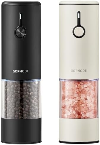 Stainless Steel Rechargeable Electric Salt and Pepper Grinder Set, USB Charging with Dust Cover, 6 Adjustable Grinding Modes + LED Light 2packBlack+Cream by GORMODEOfficial