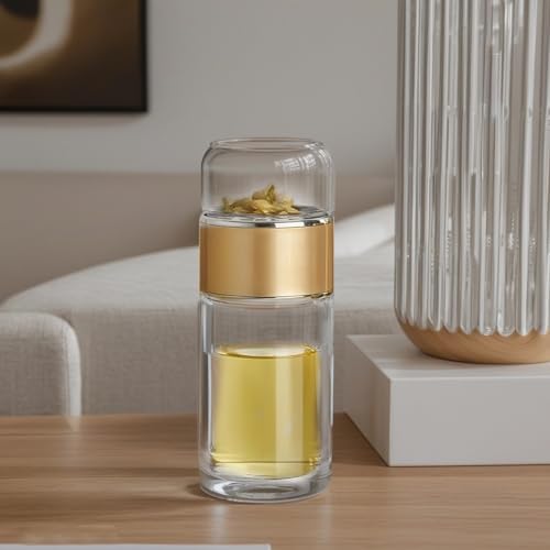 Tea Infuser Bottle, Double Wall Glass Travel Mug, Loose Leaf Tea Strainer Cup, Glass Water Tea Tumbler for Homes, Offices, Schools, Hot and Cold Drinks, Champagne Gold, 16.9 oz - Image 3