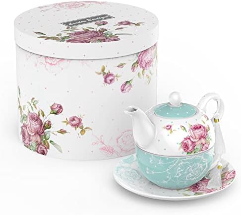 London Boutique Tea for One Teapot Teacup Saucer Set Afternoon Tea Set for 1 New Bone China Vintage Flora Gift for Women 350m (Turquoise) by LondonBoutique