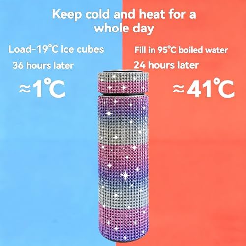 17 oz Bling Stainless Steel Water Bottle Rhinestone Vacuum Water Bottle Glitter Bottles Diamond Vacuum Flask Mug Gift Girls Women (500ml), Red+Purple+White - Image 4