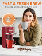 Single Serve Coffee Maker for K-Cup and Ground Coffee, Fast Brew, 6-12 oz Brew Sizes One Cup Coffee Machine Fits 5.5" Mugs, One-Button Small Coffee Maker with Descaling Reminder, Red - Image 3