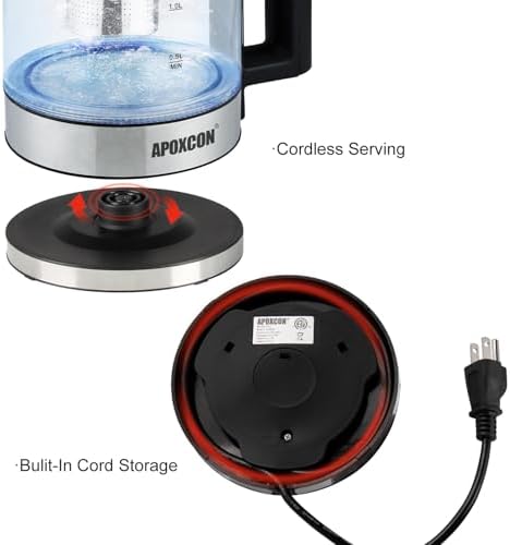APOXCON Electric Kettle for Boiling Water 1.8L Tea Kettle with Removable Infuser, Borosilicate Glass Water Boiler with LED Light, Automatic Shut Off, Boil-Dry Protection, Cordless Serving & BPA Free - Image 5