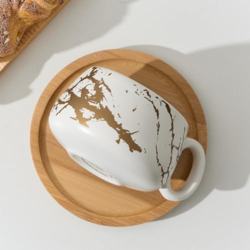 LUKA 7.77 oz Ceramic Cappuccino Cups with Bamboo Saucers and Metal Stand, Set of 4 Large Elegant Porcelain Coffee Cup for Latte, Cafe Mocha, Tea, Espresso, Dishwasher Safe, Marbling White - Image 6