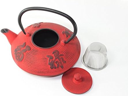 Japanese Antique 24 fl oz Red Fu Lu Shou Xi Chinese Cast Iron Teapot Tetsubin with Infuser F15354 ~ We Pay Your Sales Tax - Image 2