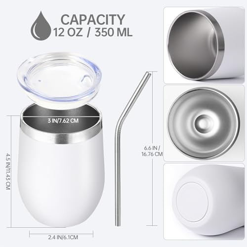 Volhoply 12oz Stainless Steel Wine Tumbler with Lid Bulk 12 Pack,Double Wall Vacuum Stemless Wine Glasses,Reusable Metal Travel Coffe Mug with Straw,Insulated Cups Gifts for Christmas（White,12 Set） - Image 2