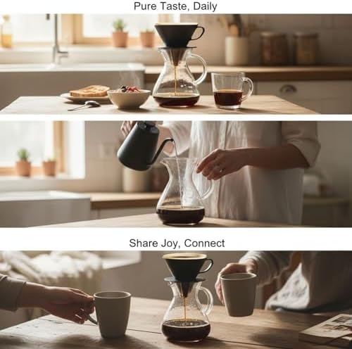 Pour Over Coffee Maker, 600 ml Borosilicate Glass Carafe with Reusable Stainless Steel Mesh, Measurement Markings, Heat-Resistant Handle, 3.7 in Mouth, 6.7 in Tall for Home Coffee Brewing - Image 3