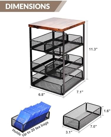 Tea Bag Organizer with 5 Drawers, Wooden & Metal Tea Storage Organizer for TeaBags, Coffee Pods, Creamers & Sugar – Countertop Tea Bag Holder for Coffee Bar and Kitchen, Space-Saving Tea Storage Rack - Image 4
