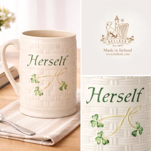 Belleek Classic Herself 12 oz Irish Coffee Mug, Handcrafted Microwave Safe Parian China Cup, Shamrock Decor, White - Image 6