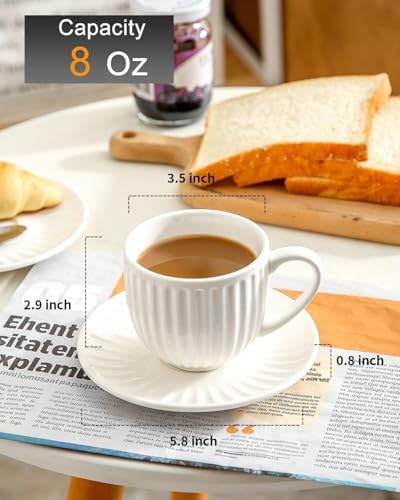 Ceramic Espresso Cups with Saucers 8 Oz,Set of 4 Porcelain Demitasse Cups Set,Small Coffee Cups with Handle for Coffee,Tea,Latte and Macchiato,Cappuccino Mugs for Kitchen and Cafe,White - Image 2