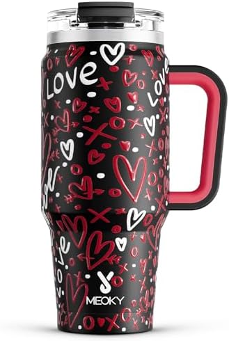 Meoky 32 oz Tumbler with Handle, Insulated Tumbler with Lid and Straw, Stainless Steel Travel Mug, Keeps Cold for 24 Hours, 100% Leak Proof, Fits in Car Cup Holder (Romance) by MEOKY