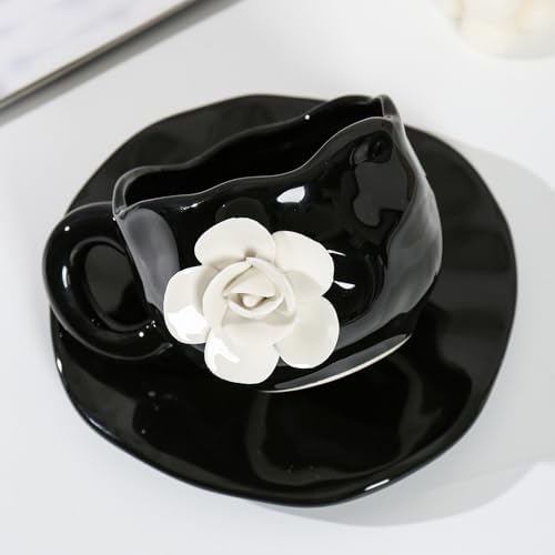 Cute Ceramic Coffee Cups, Unique Fancy Tea Cups with Saucer, 11OZ for Cappuccino Latte Milk (Pack of 2) - Image 4