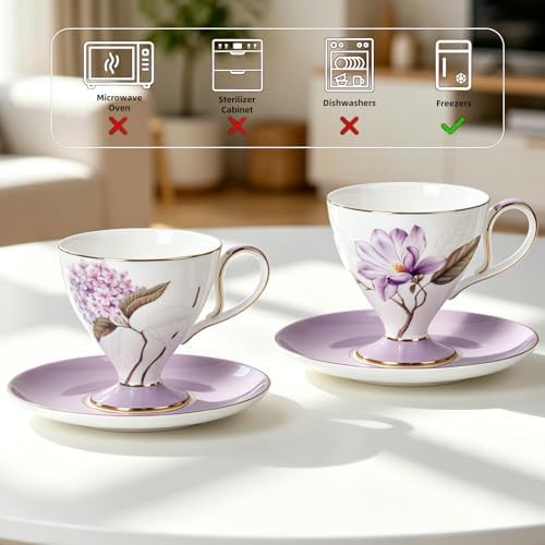 KAMMAK Tea Cups Set of 2,Ceramic Floral Pattern Demitasse Cup - Image 7