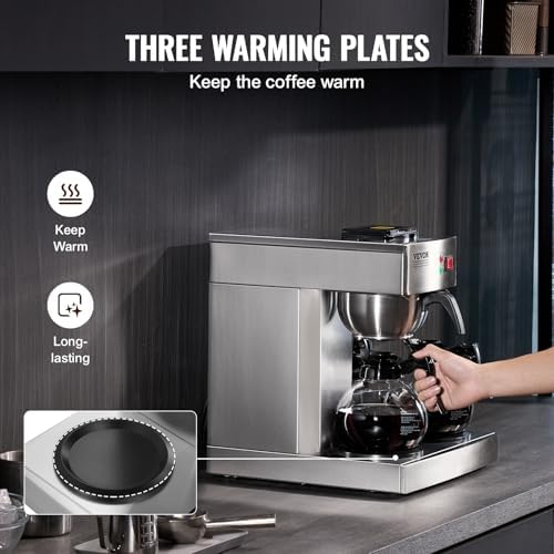 VEVOR 12 Cups Commercial Drip Coffee Maker, Coffee Maker Machine with 3 Glass Carafes and 3 Warmer Plates, Stainless Steel Pour Over Coffee Brewer for Restaurant, Office, Cafe - Image 3