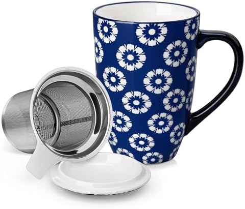 vancasso SELENE Porcelain Tea Mug, 18 oz Porcelain Tea Cup with Infuser and Lid Steeps Loose Leaf Tea, Microwave & Dishwasher Safe, Daisy Cluster by vancasso